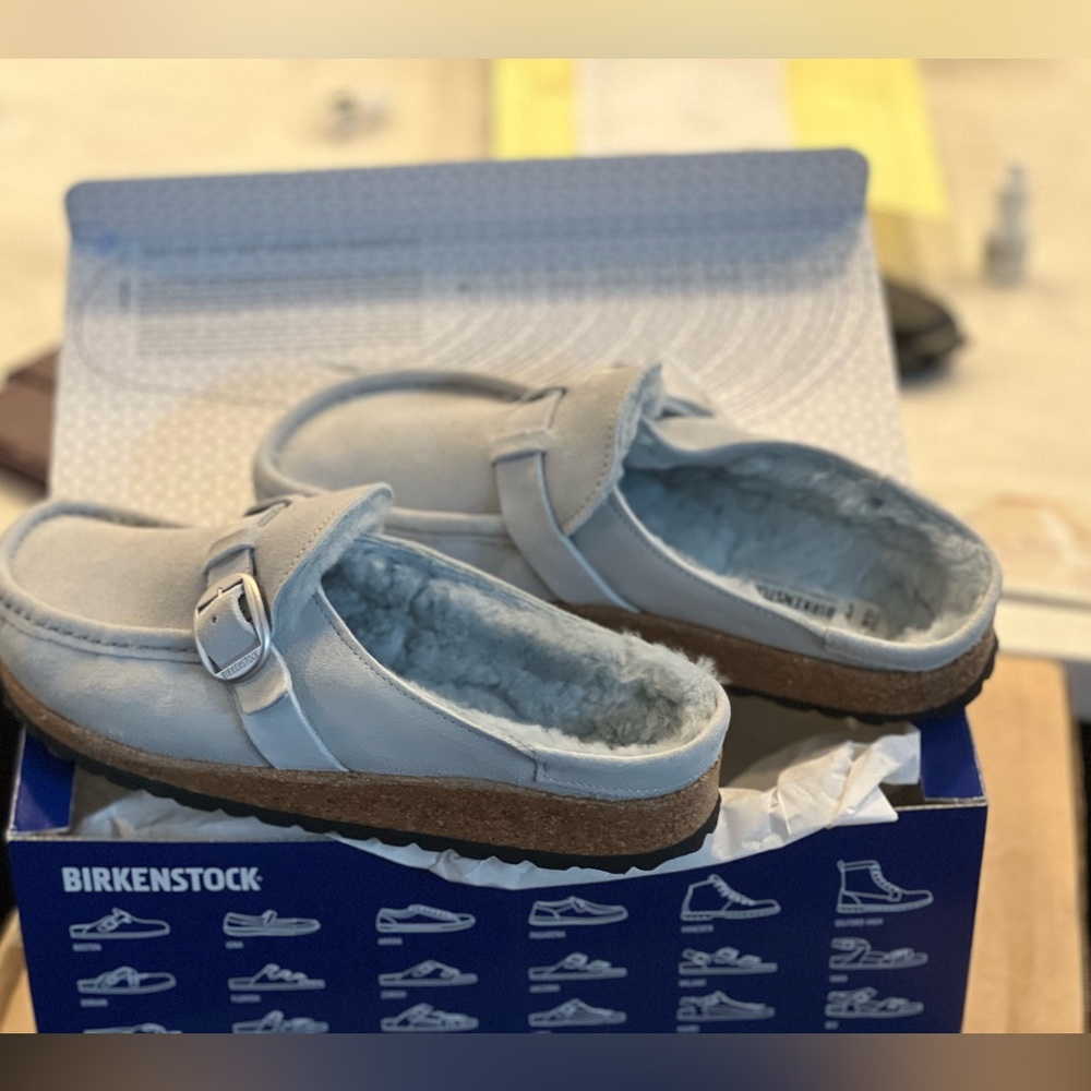 Birkenstock lined Buckley. Size 38. Light blue/grey
